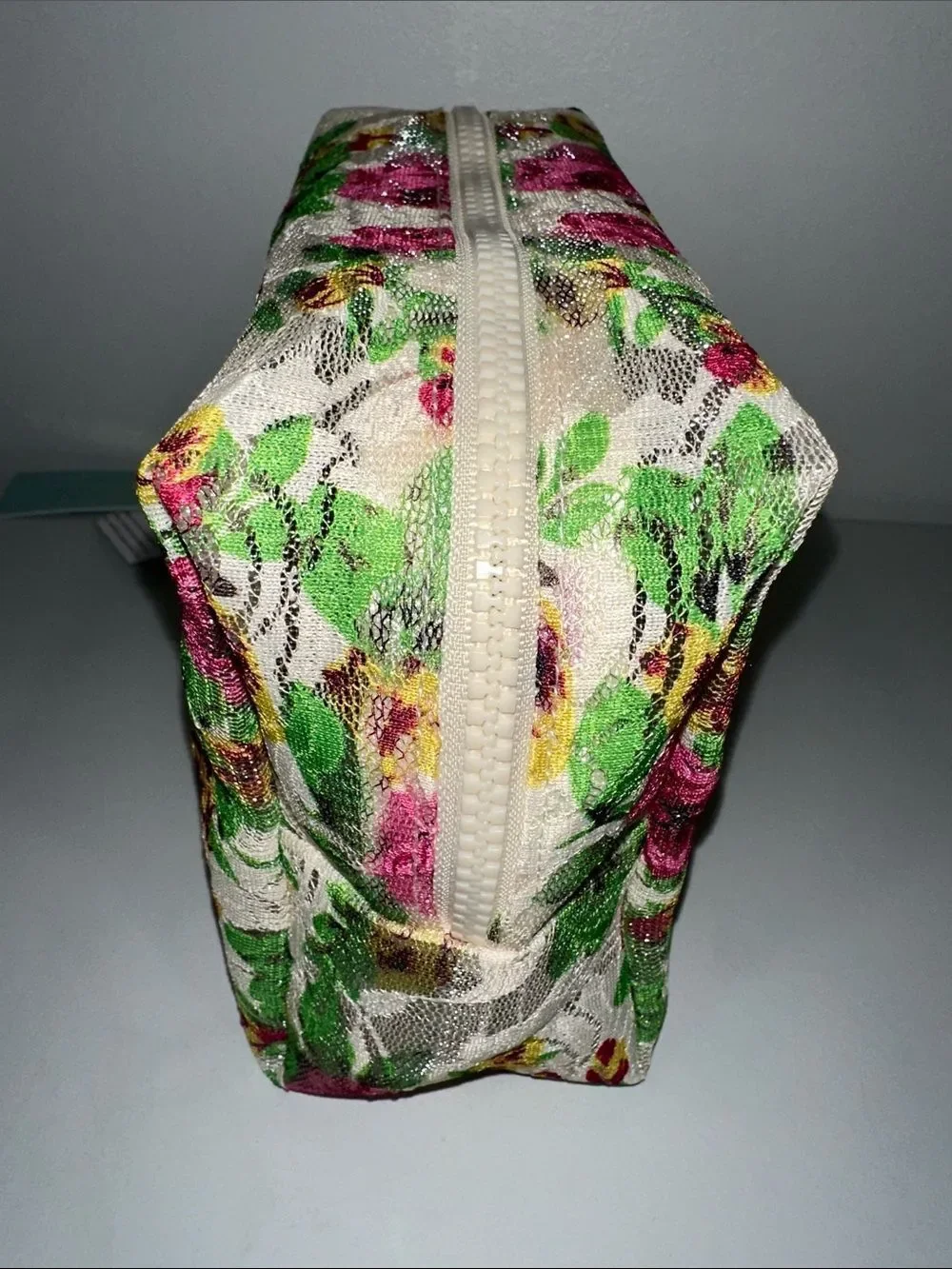 Urban Essentials Ivory Pink Green Yellow Rose Floral Lace Beauty Cosmetic Bag